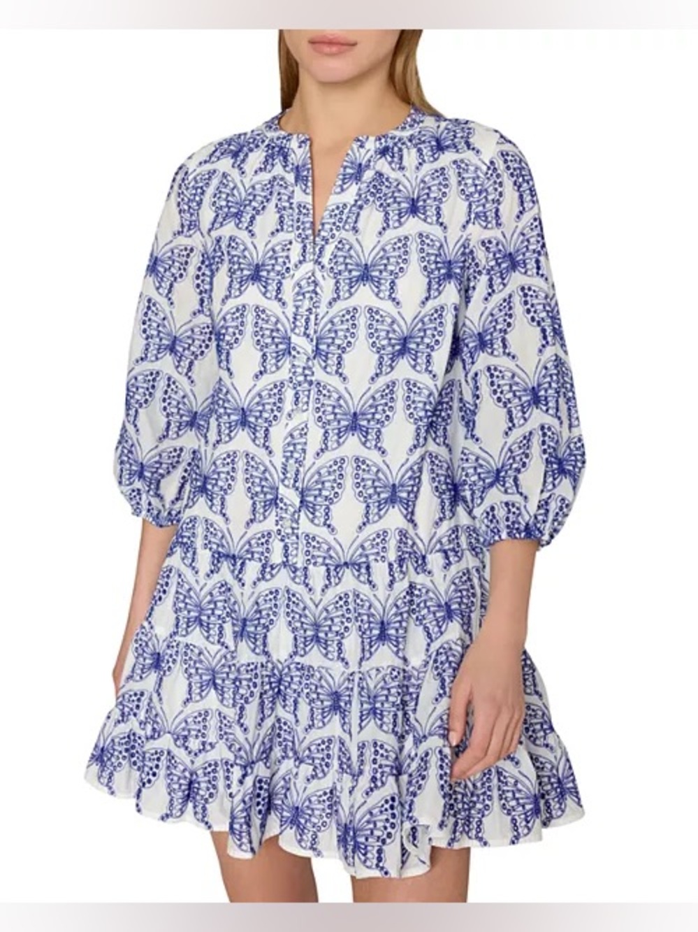 Milly Tiered Butterfly Eyelet Mini Dress | White & Blue | Size 4 | NWT